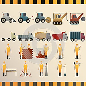 Collection of construction machinery and workers. Vector illustration decorative design