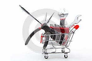 Collection of construction tools in cart