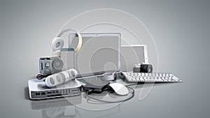 Collection of consumer electronics 3D render on grey background