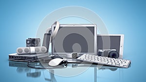 Collection of consumer electronics 3D render on blue background