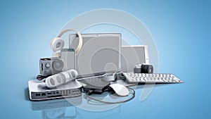 Collection of consumer electronics 3D render on blue background