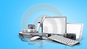 Collection of consumer electronics 3D render on blue background
