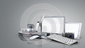 Collection of consumer electronics 3D render on grey background