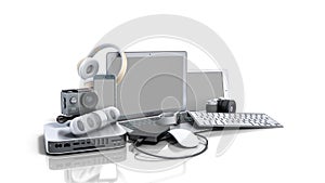 Collection of consumer electronics 3D render on white background