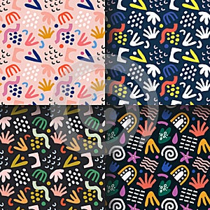 Collection of contemporary abstract seamless backgrounds, vector repeat pattern made of colorful scribble shapes and photo