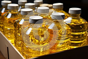 A collection of cooking oil bottles housed in a compact storage box