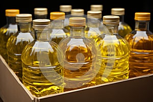 A collection of cooking oil bottles housed in a compact storage box