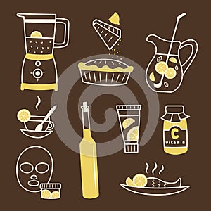 Collection of cool linear icons with dishes, drinks, recipes, cosmetics using lemons