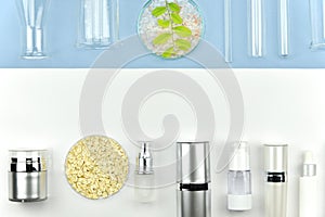 Collection of cosmetic bottle containers and laboratory glassware, Blank label for branding mock-up