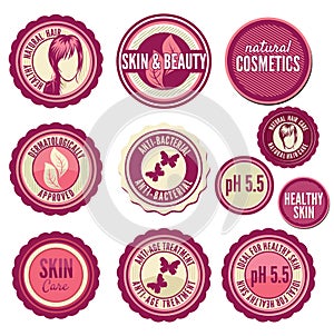 Collection of cosmetics labels and badges