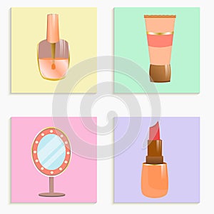 Collection of cosmetics and make-up. Cream tube, lipstick, nail polish and mirror. Set of cartoon style icons on stickers.