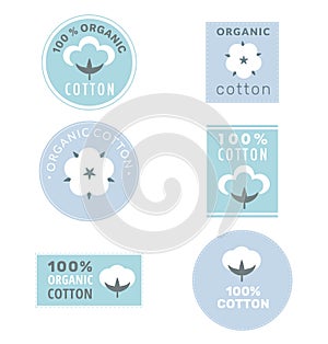 Collection of cotton labels and organic cotton signs with delicate pastel colors isolated on white background.