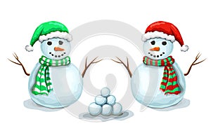  collection of couple snowmen with snowballs, isolated on white background. Cute smiling snowmen set in santas hats and