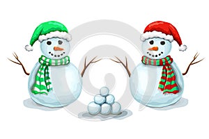 collection of couple snowmen with snowballs, isolated on white background. Cute smiling snowmen set in santas hats and