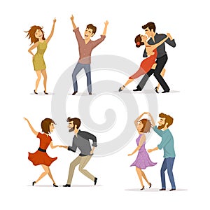 Collection of couples dancing tango, twist, disco clubbing and romantic dance photo