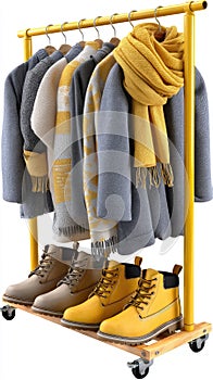 A collection of cozy sweaters and soft scarves hang gracefully on a wooden rack, complemented by a set of elegant boots beneath