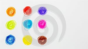 Collection of crayon drawings on white paper background.