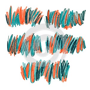 Collection of crayon scribble hand drawn illustrations. Colorful wavy wax pencil scrawl.