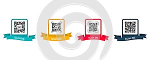Collection creative concept qr code. Scan me. Colored frame with ribbon for qr code. Vector