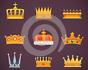 Collection of crown awards for winners, champions, leadership. Royal king, queen, princess crowns.