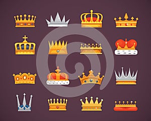 Collection of crown icons awards for winners, champions, leadership. Royal king, queen, princess crowns.