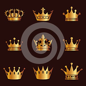 Collection of crown silhouette. Monarchy authority and royal symbols. Golden vintage antique icons. Crown symbol for your web site