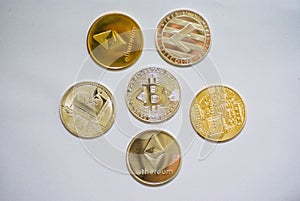 A collection of cryptocurrency coins