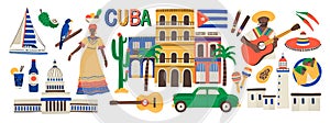 Collection of Cuba attributes isolated on white background - musical instruments, Cuban rum, flag, building, sombrero