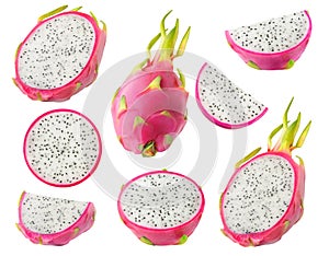Collection of cut dragon fruits with white flesh isolated on white