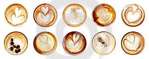 Collection of cut out cappuccino and coffee art without cups photo