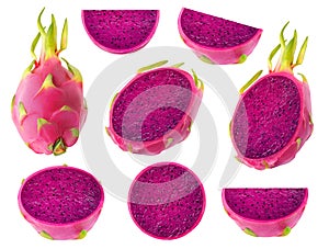 Collection of cut purple fleshed dragon fruits isolated on white