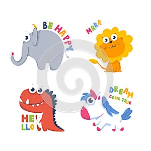 Collection of cute animal characters with quotes for print,