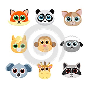 Collection of cute animal faces including fox, panda, cat, pony, monkey, giraffe, koala, sheep and raccoon.