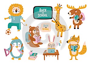 Collection cute animals go to school. Vector illustrations