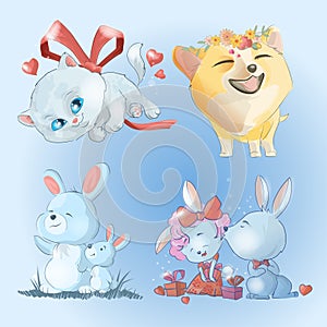 Collection with cute animals.little love situations with cute animals. cat,dog, rabbits family