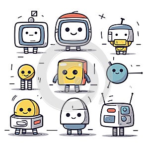 Collection cute anthropomorphic electronic devices happy faces, different characters