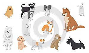 Collection of cute baby dogs cartoon hand drawn style. Collection of dog characters, flat illustration for design, decor, print,