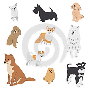 Collection of cute baby dogs cartoon hand drawn style. Collection of dog characters, flat illustration for design, decor, print,