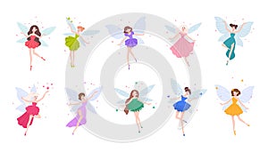 Collection of cute beautiful fairies in various dresses isolated on white background. Set of mythical or folkloric