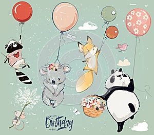 Collection with cute birthday fly animals with balloons