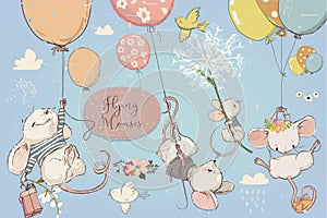 Collection with cute birthday mouses with balloons