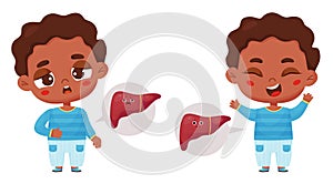 Collection cute black ethnic boy sick and healthy with liver internal organ character. Vector illustration in cartoon