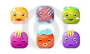 Collection of cute buttons, colorful cubes with funny faces, user interface assets for mobile apps or video games vector