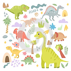 Collection of cute carnivorous and herbivorous dinosaurs