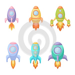 Collection of cute cartoon baby`s rockets. Set of different models of rockets for design of kid`s rooms clothing textiles album