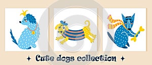 Collection of cute cartoon dogs. Set of vector icons with pets. Hand-drawn colored animal doodles. Set of posters with puppies.