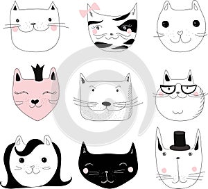 Collection of Cute Cartoon Doodle Cats,vector