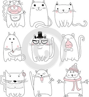 Collection of Cute Cartoon Doodle Cats,vector