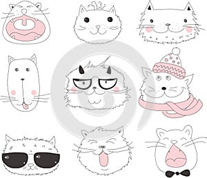 Collection of Cute Cartoon Doodle Cats, vector