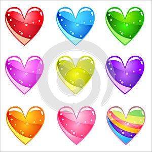 Collection Cute cartoon glossy hearts with jelly in different colors.